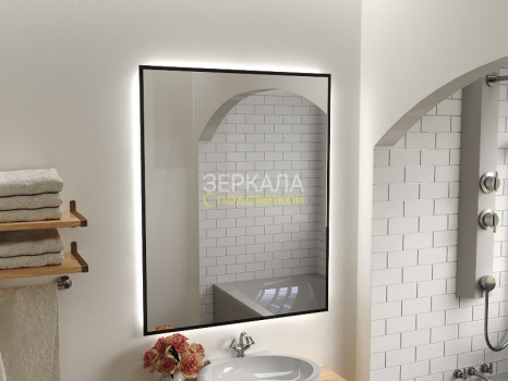 Зеркало с интерьерной подсветкой для ванной комнаты в черной рамке Прайм Блэк 90х80 см